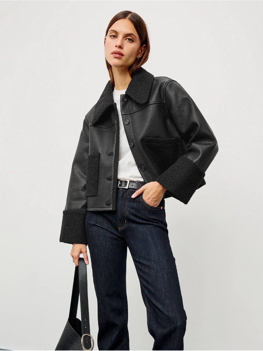 Rails Dria Black Faux-Leather Sherpa Trim Jacket - Women's Coat